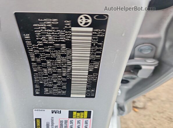 5YFEPMAE8NP382987 2022 TOYOTA COROLLA Серебряный Вид наклейки с VIN-кодом