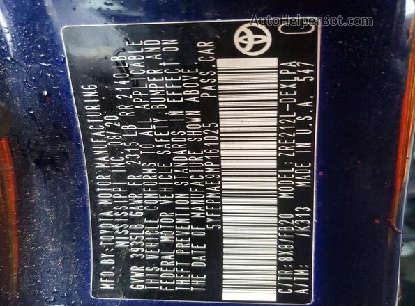 5YFEPMAE9MP161025 2021 TOYOTA COROLLA Blue Widok naklejki z numerem VIN