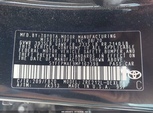 5YFEPMAE9MP162398 2021 TOYOTA COROLLA Black Вид підкапотного простору