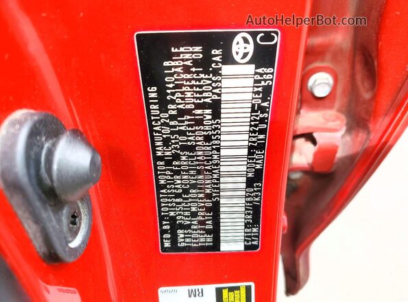 5YFEPMAE9MP185535 2021 TOYOTA COROLLA Red VIN კოდის სტიკერის ხედი
