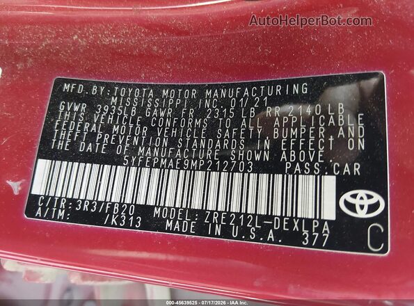 5YFEPMAE9MP212703 2021 TOYOTA COROLLA Red Widok komory silnika