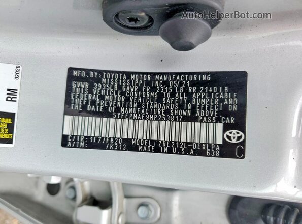 5YFEPMAE9MP253817 2021 TOYOTA COROLLA Silver VIN კოდის სტიკერის ხედი