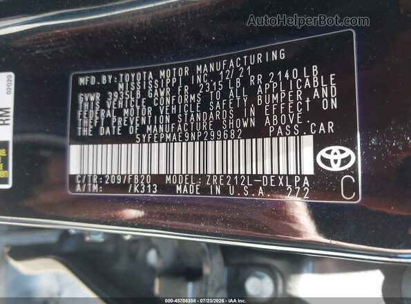 5YFEPMAE9NP299682 2022 TOYOTA COROLLA Black Widok komory silnika