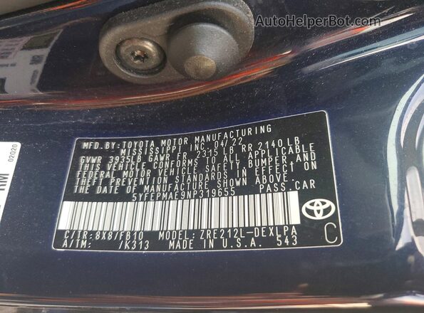 5YFEPMAE9NP319655 2022 TOYOTA COROLLA Blue Vista del compartimento del motor