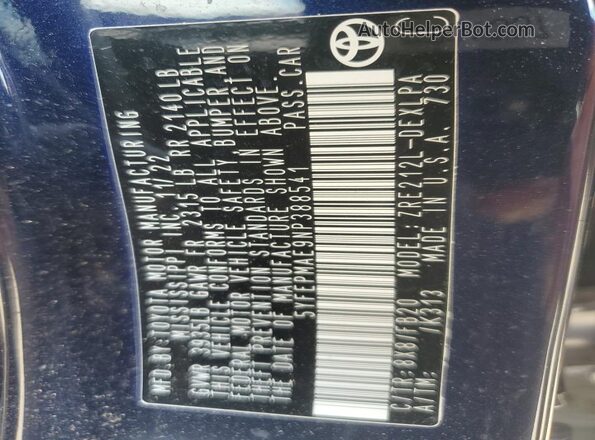 5YFEPMAE9NP388541 2022 TOYOTA COROLLA Blue Вид підкапотного простору