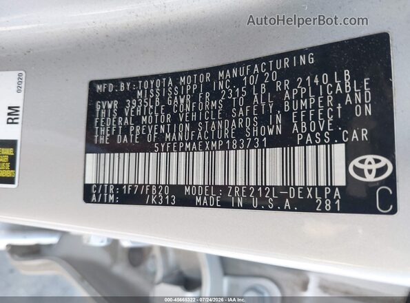 5YFEPMAEXMP183731 2021 TOYOTA COROLLA Silver Engine compartment view