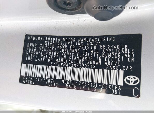 5YFEPMAEXMP223113 2021 TOYOTA COROLLA Silver Vista del compartimento del motor