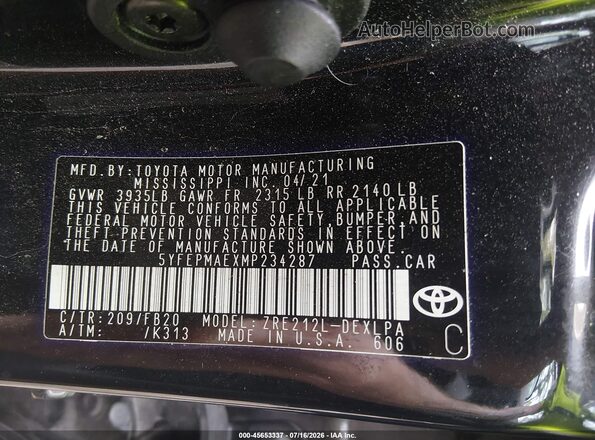 5YFEPMAEXMP234287 2021 TOYOTA COROLLA Черный Вид подкапотного пространства