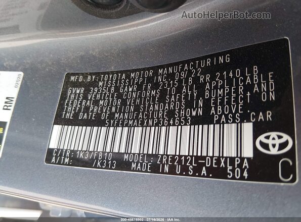 5YFEPMAEXNP364653 2022 TOYOTA COROLLA Light Blue ძრავის განყოფილების ხედი