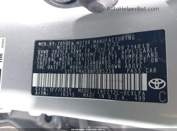 5YFEPMAEXNP385258 2022 TOYOTA COROLLA Silver Engine compartment view