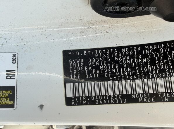 5YFEPRAE0LP039004 2020 TOYOTA COROLLA White ძრავის განყოფილების ხედი