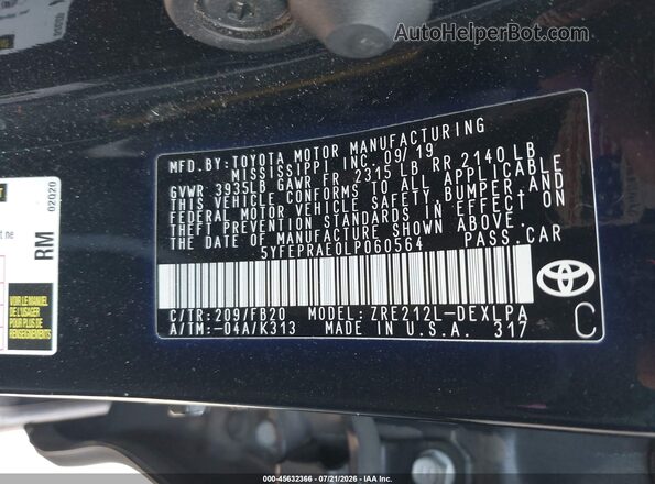 5YFEPRAE0LP060564 2020 TOYOTA COROLLA Black Engine compartment view