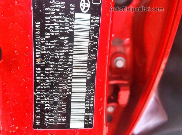 5YFEPRAE1LP061478 2020 TOYOTA COROLLA Red Շարժիչի բաժամունքի տեսք