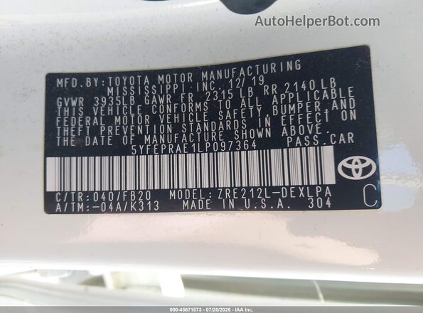 5YFEPRAE1LP097364 2020 TOYOTA COROLLA White Вид підкапотного простору