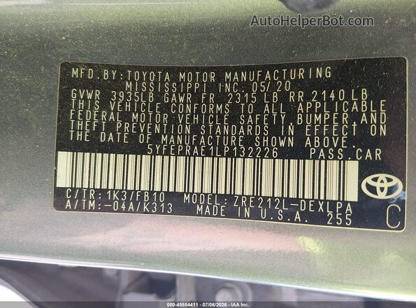 5YFEPRAE1LP132226 2020 TOYOTA COROLLA Gray Շարժիչի բաժամունքի տեսք