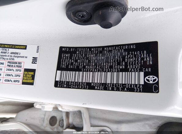 5YFEPRAE2LP013861 2020 TOYOTA COROLLA Белый Вид подкапотного пространства