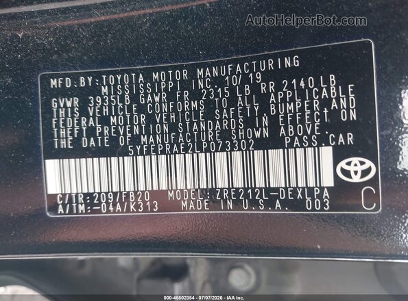 5YFEPRAE2LP073302 2020 TOYOTA COROLLA Черный Вид подкапотного пространства