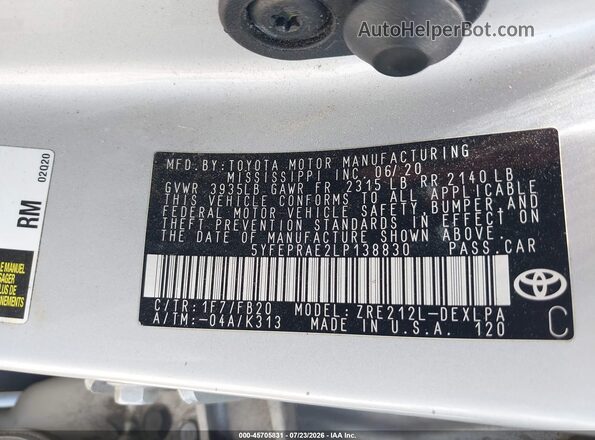 5YFEPRAE2LP138830 2020 TOYOTA COROLLA Silver Widok komory silnika