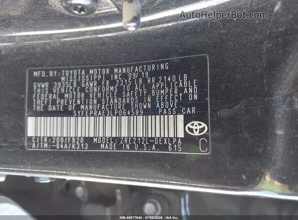 5YFEPRAE3LP064589 2020 TOYOTA COROLLA Black ძრავის განყოფილების ხედი