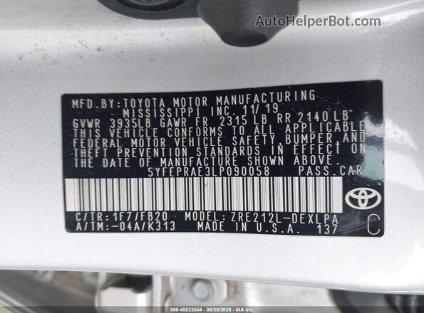 5YFEPRAE3LP090058 2020 TOYOTA COROLLA Silver Engine compartment view