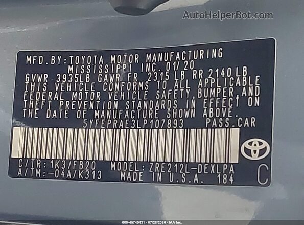 5YFEPRAE3LP107893 2020 TOYOTA COROLLA Blue Vista del compartimento del motor