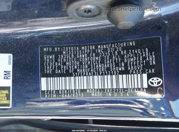 5YFEPRAE3LP113192 2020 TOYOTA COROLLA Dark Blue ძრავის განყოფილების ხედი