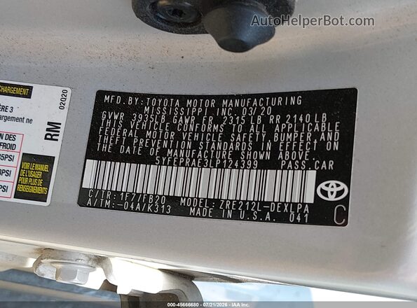 5YFEPRAE3LP124399 2020 TOYOTA COROLLA Silver ძრავის განყოფილების ხედი