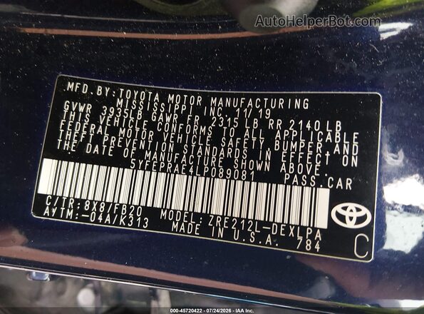 5YFEPRAE4LP089081 2020 TOYOTA COROLLA Blue Вид підкапотного простору