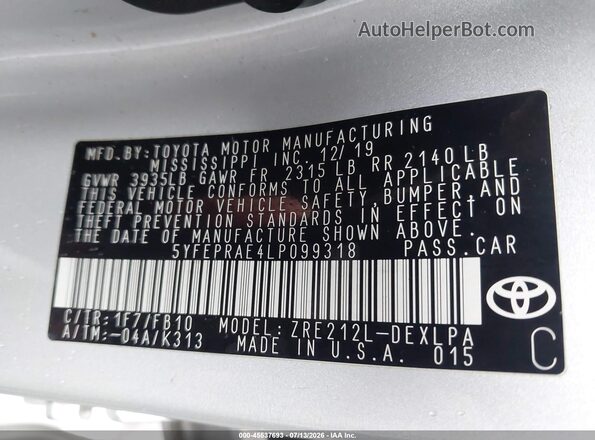5YFEPRAE4LP099318 2020 TOYOTA COROLLA Silver Engine compartment view