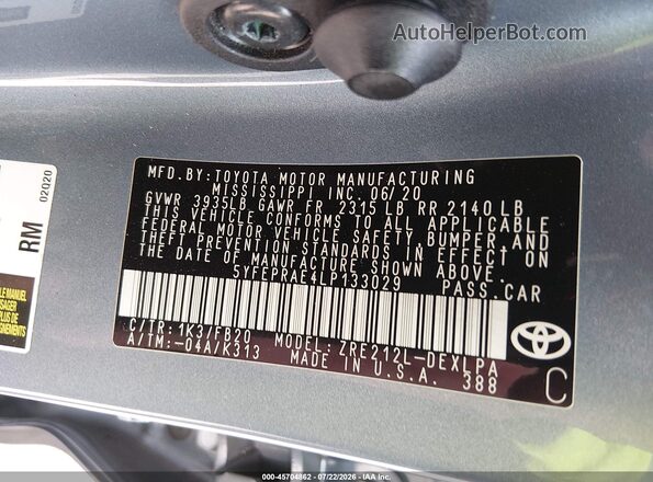 5YFEPRAE4LP133029 2020 TOYOTA COROLLA Gray Вид підкапотного простору