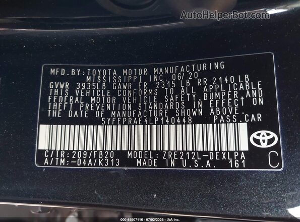 5YFEPRAE4LP140448 2020 TOYOTA COROLLA Black ძრავის განყოფილების ხედი