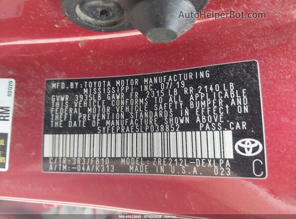 5YFEPRAE5LP038852 2020 TOYOTA COROLLA Красный Вид подкапотного пространства