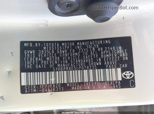 5YFEPRAE5LP078235 2020 TOYOTA COROLLA Silver Widok naklejki z numerem VIN