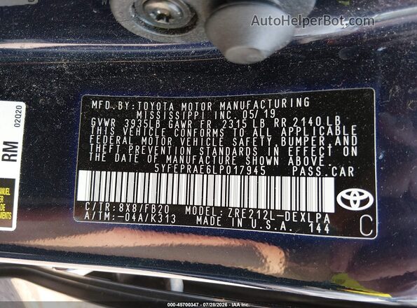 5YFEPRAE6LP017945 2020 TOYOTA COROLLA Dark Blue Вид подкапотного пространства