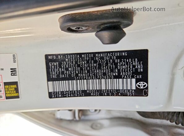 5YFEPRAE6LP026970 2020 TOYOTA COROLLA White Engine compartment view