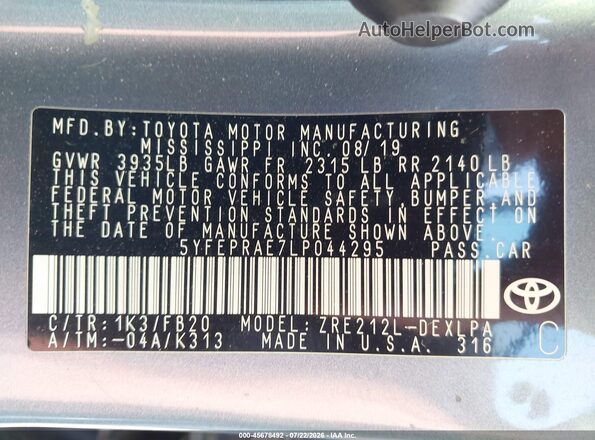 5YFEPRAE7LP044295 2020 TOYOTA COROLLA Серый Вид подкапотного пространства