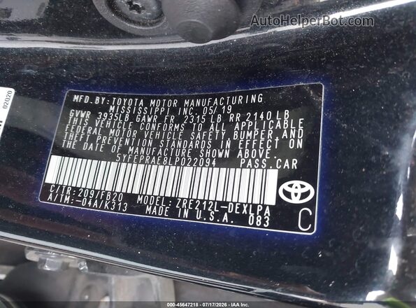 5YFEPRAE8LP022094 2020 TOYOTA COROLLA Black Вид підкапотного простору