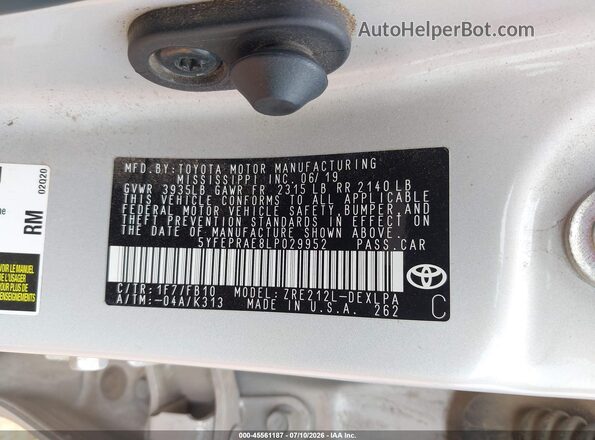 5YFEPRAE8LP029952 2020 TOYOTA COROLLA Silver Вид підкапотного простору
