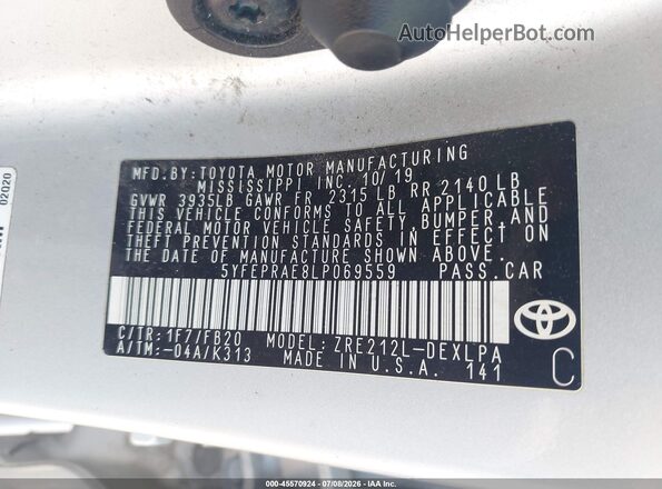 5YFEPRAE8LP069559 2020 TOYOTA COROLLA Silver Widok komory silnika