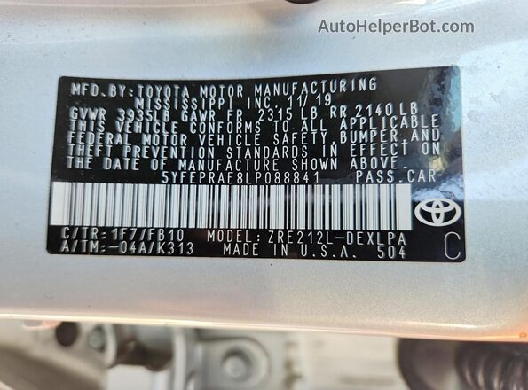 5YFEPRAE8LP088841 2020 TOYOTA COROLLA Silver Vista del compartimento del motor