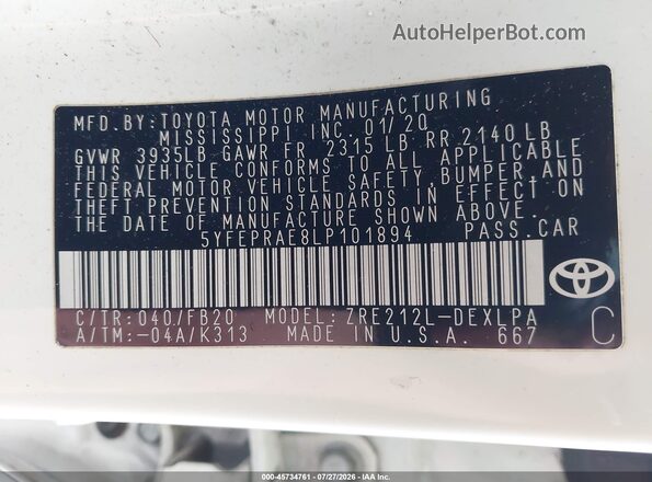5YFEPRAE8LP101894 2020 TOYOTA COROLLA White Вид підкапотного простору