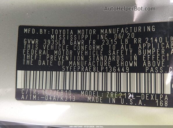 5YFEPRAE8LP136449 2020 TOYOTA COROLLA Silver Vista del compartimento del motor