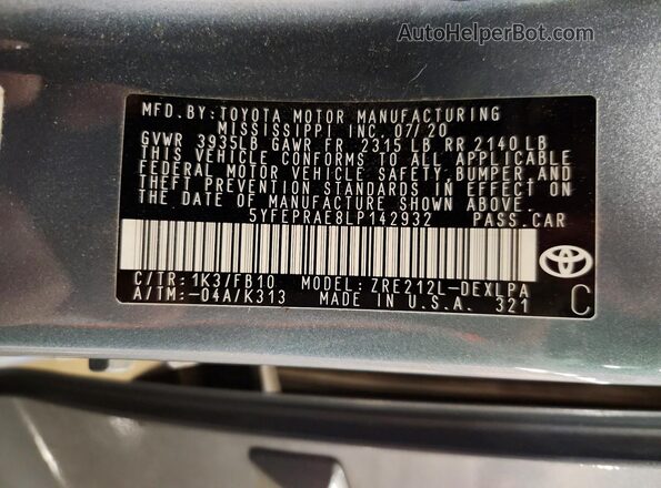 5YFEPRAE8LP142932 2020 TOYOTA COROLLA Blue Вид підкапотного простору