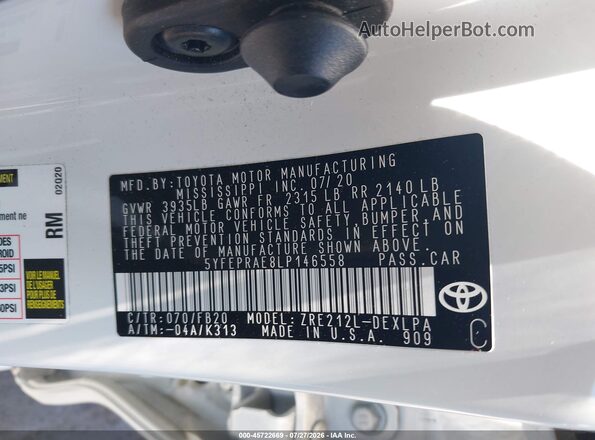 5YFEPRAE8LP146558 2020 TOYOTA COROLLA White Widok komory silnika