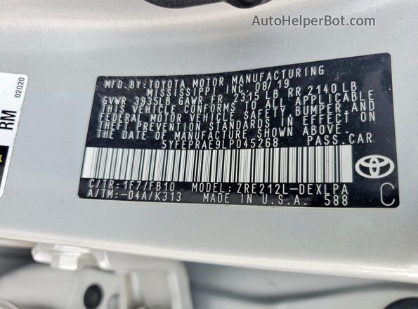 5YFEPRAE9LP045268 2020 TOYOTA COROLLA Silver Widok naklejki z numerem VIN