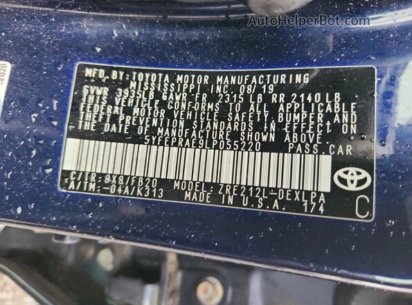 5YFEPRAE9LP055220 2020 TOYOTA COROLLA Blue Vista del compartimento del motor