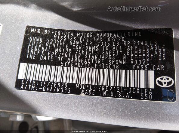 5YFEPRAE9LP116016 2020 TOYOTA COROLLA Silver Widok komory silnika