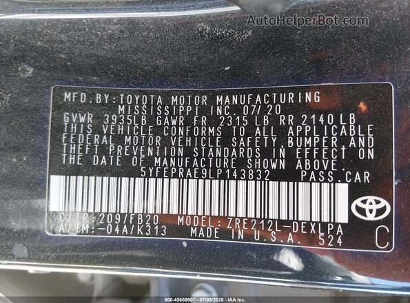 5YFEPRAE9LP143832 2020 TOYOTA COROLLA Black Engine compartment view