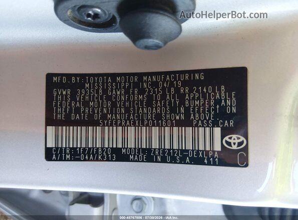 5YFEPRAEXLP011601 2020 TOYOTA COROLLA Silver Widok komory silnika