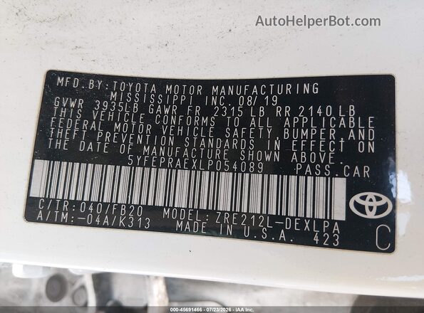 5YFEPRAEXLP054089 2020 TOYOTA COROLLA White Widok komory silnika